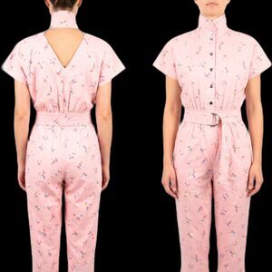 VTG NECK CUFF 1980s playsuit floral cotton wallpaper pants Jumpsuit Boilersuit S